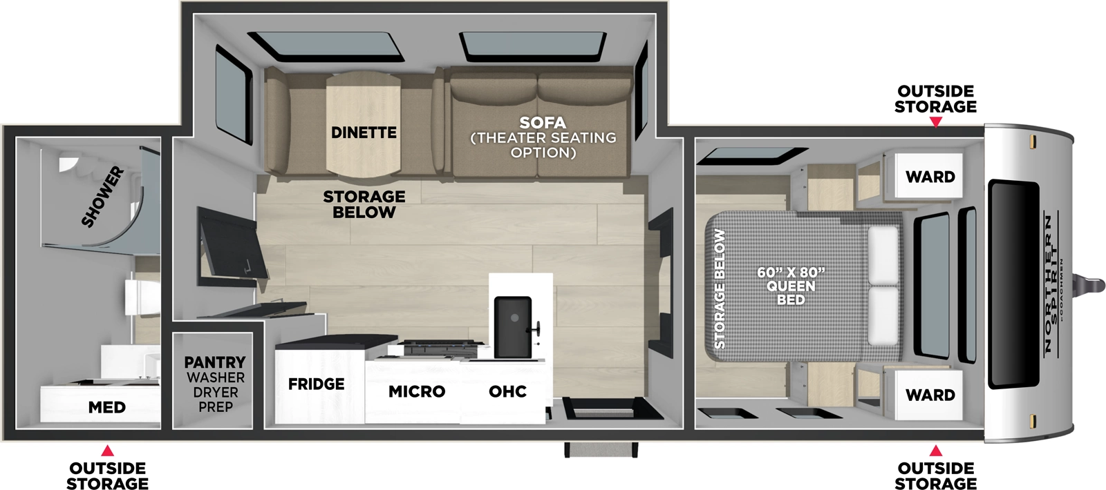 The Northern Spirit SE 24RB floorplan has one entry and one slide out. Exterior features include: fiberglass exterior and 14' awning. Interiors features include: front bedroom and rear bathroom.